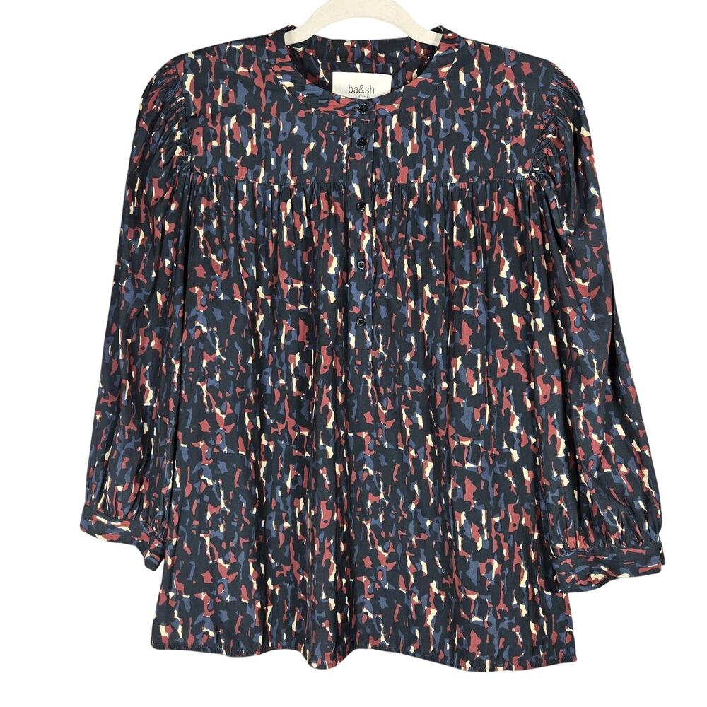 ba&sh Lady Top Blouse Womens L Nuit Blue Abstract Smocked Ruffle Balloon Sleeve
